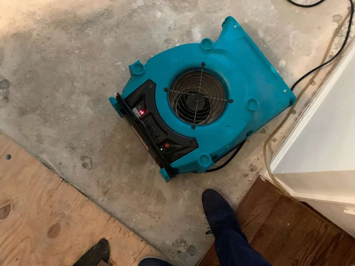 Air mover drying subfloor during Leak Detection & Repair in Tuttle